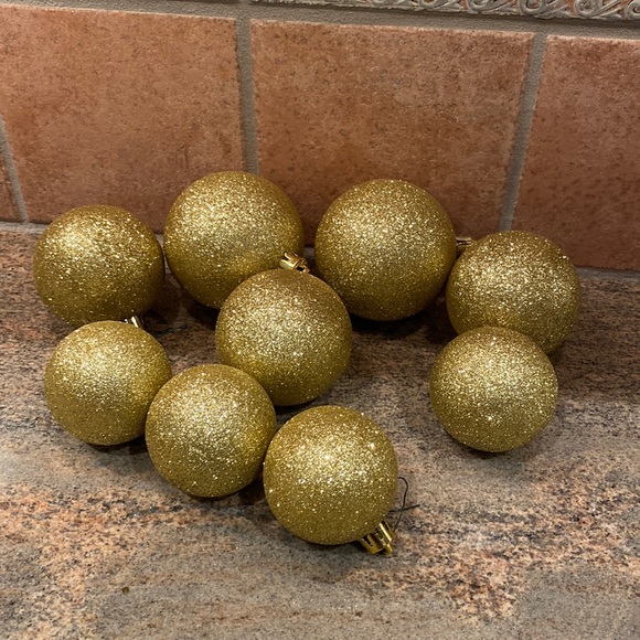 Christmas Ornament Glitter Shatter Proof Gold Balls - 9pcs - Picture 1 of 10